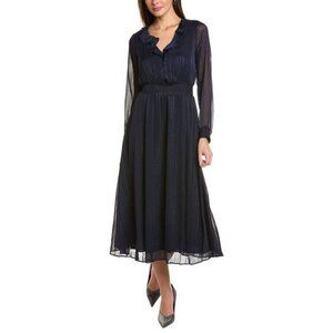 Nanette Lepore Long Sleeve Stripe Smocked Waist Dress Elegant Navy Blue Women's